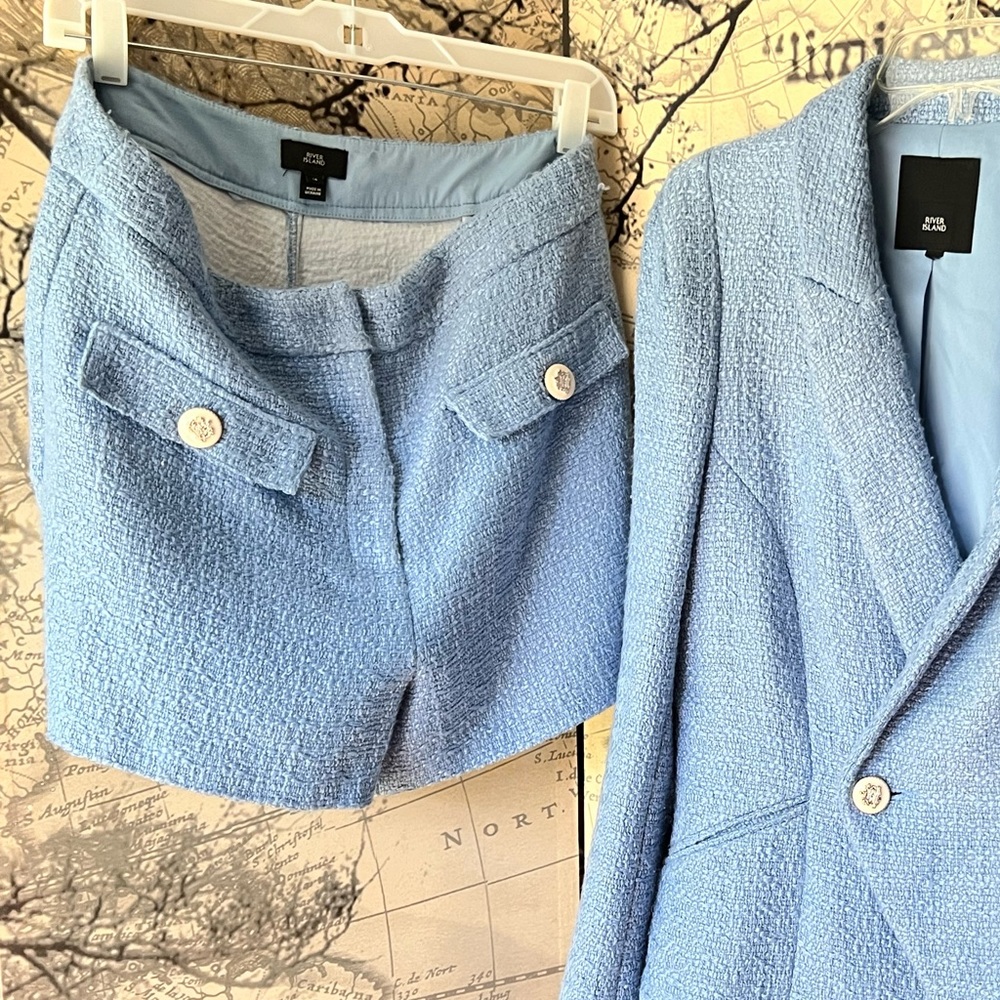 River Island Suit Shorts from matching set powder blue chanel style boucle tweed